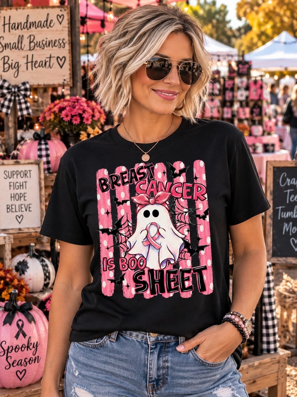 Women's Black Graphic Tee - Pink Breast Cancer Awareness Ghost
